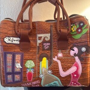 Brown Croc-Embossed Handbag with Colorful Appliqués